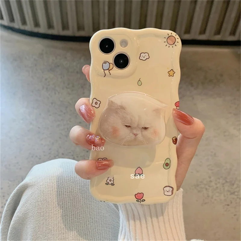 Support de téléphone pour iPhone 15, motif chat triste mignon, dessin animé coréen