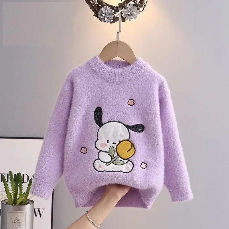 New Sanrio Round Neck Sweater Kawaii Pochacco Kuromi Children Autumn Girls Sweater Winter Warm Student Long Sleeve Sweater Gift