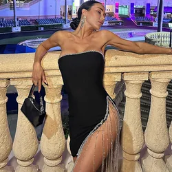 Black Sparkly Sequined Tube Mini Dress Bodycon Tassel Strapless Party 2023 Evening Streetwear High Side Slit Y2K Summer 8613