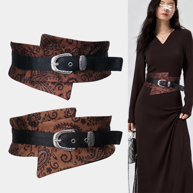 Vintage Wide Elastic Waist Belt for Women Brocade Slimming Fit Stretch Waistband Cincher Corset Belts Dress Belts with Buckle