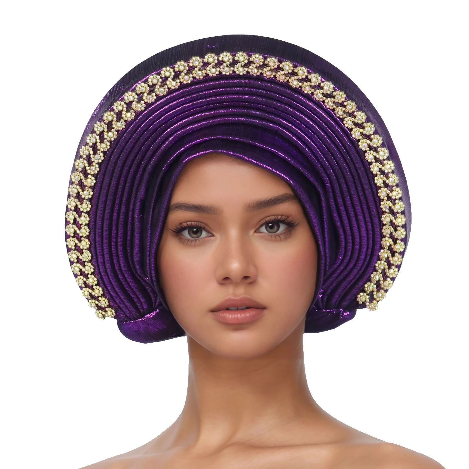 

Shiny Diamonds Turban Cap for Women Ready African Auto Gele Headtie Nigeria Wedding Autogeles Head Wrap Hijab Bonnet Headpiece