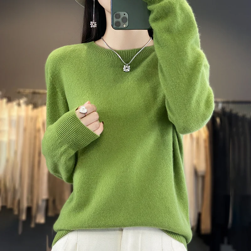 Seamless One Line Sweater 100% Merino Wool Knitted Pullover Women\'s Round Neck Tops Casual Solid Color Long Sleeve Basic Style