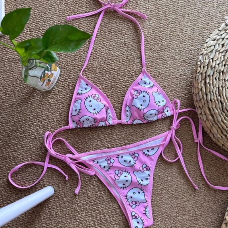 Hellokitty-Conjunto de Bikini con estampado para mujer, traje de baño Sexy, ropa de playa, lencería elástica, para vacaciones, 2024