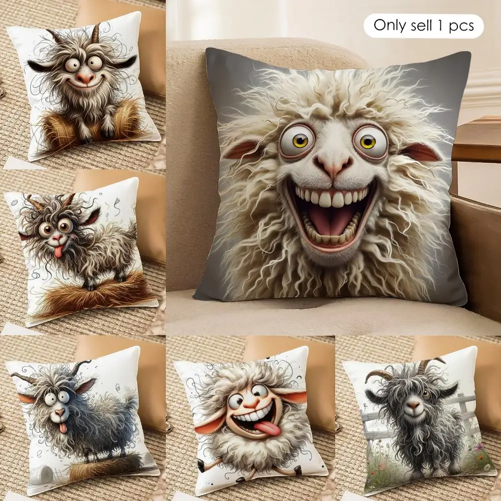 Spooky Goat Face Cushion Cover Short plush Double-sided Print Square Throw Pillow Covers Sofa Home Cushion Decor