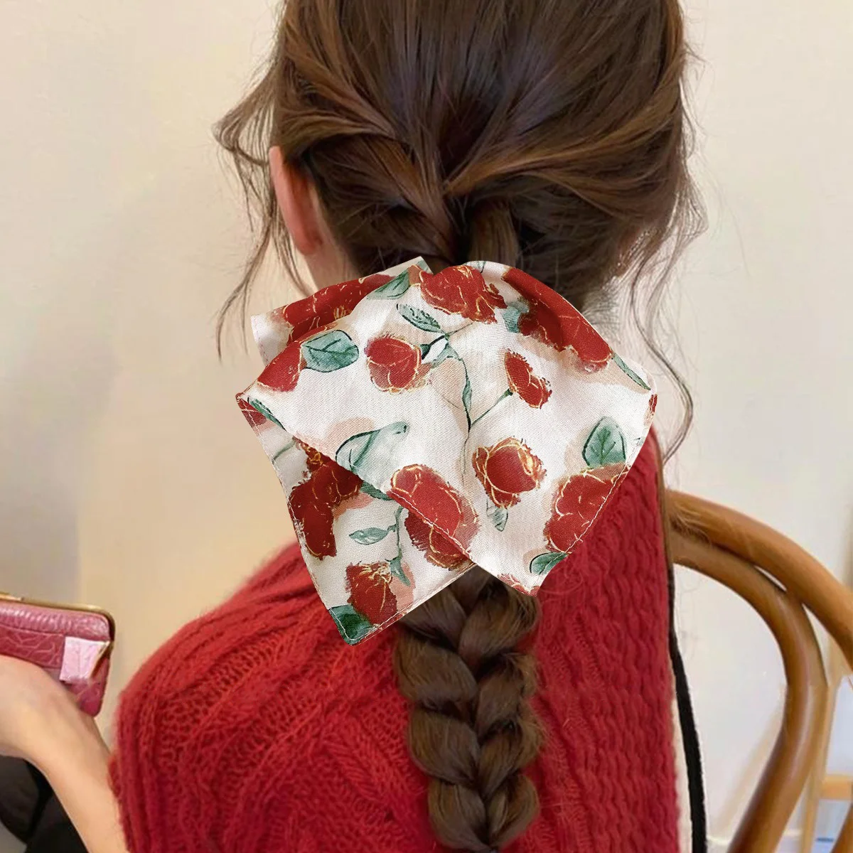 

New Romantic Peach Blossom Scrunchie French Bright Flower Hair Bands Square Large Red Hair Rope Hair Accessories for Women Girl