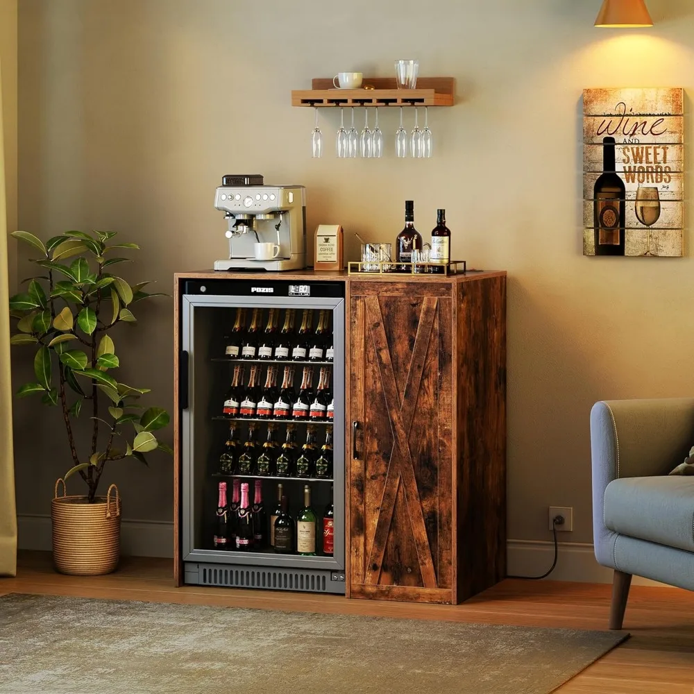 Mini Fridge Cabinet with Storage, Coffee Bar Cabinet with Power Outlet, Fits 24" Wine Fridge, 3-Tier Organizer, Refrigerator