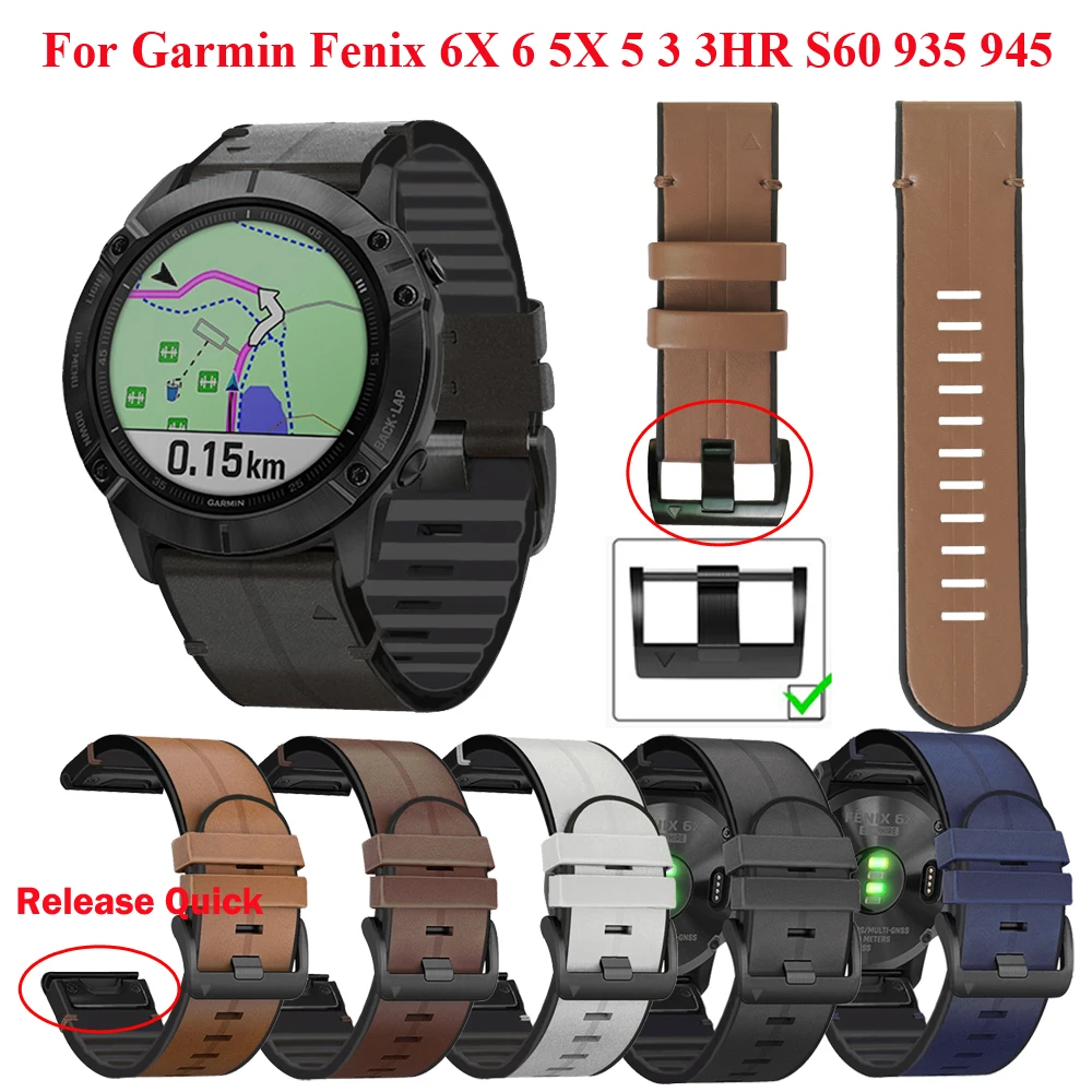 Nice 26 22mm Leather Watchband Strap For Garmin Fenix 6X 6 Pro 5X 5Plus 3HR 935 945 MK1 S60 Band Easyfit Quick Release Wirstband