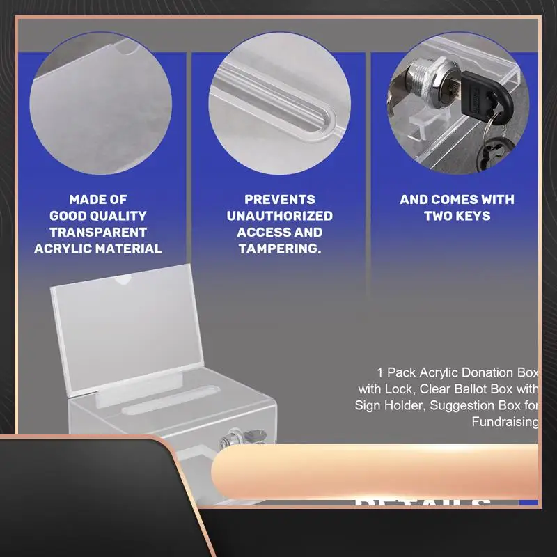 

1 упаковка, коробка для пожертвований, коробка для пожертвований с замком, прозрачная коробка для голосования с держателем для вывески, коробка для предложений для подбора средств-N34R