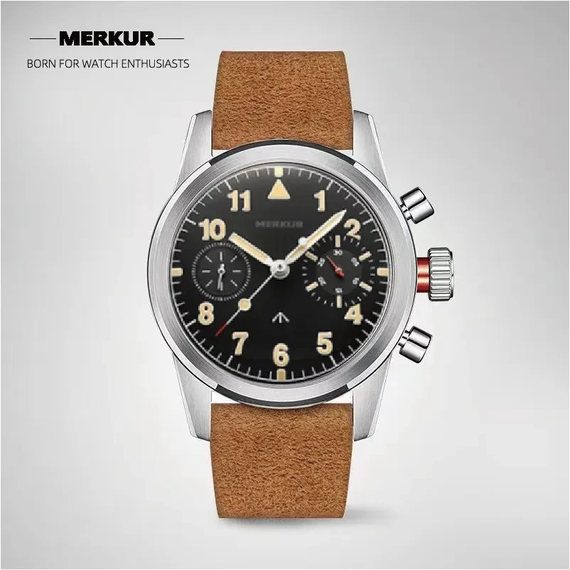 MERKUR-Montre Mécanique Chronographe Classique, Premier Colabs, Produit Flieger avec Super Shoova, Pilote Vintage, Big Eye, 38mm