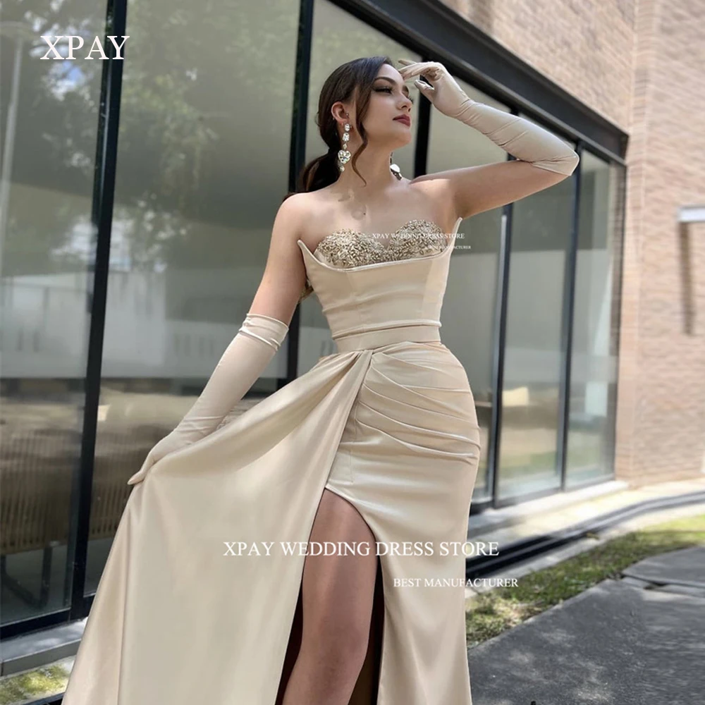 

XPAY 2023 Light Champagne Mermaid Prom Dresses Sweetheart Pleats Split Satin Evening Gowns Formal Party Dress Long Vestidos