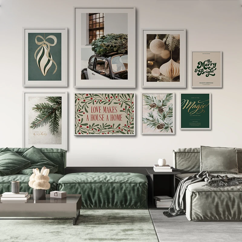 Winter Bauble in Green Spruce Branch White Decor Painting Canvas Wall Art Print Poster Living Room Picture Evergreen Holiday