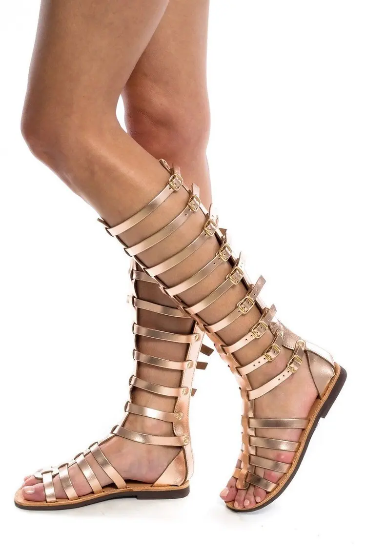 AIYKAZYSDL Gladiator Rome Sandals Strappy Knee High Summe Boots Cut Out Flat Sandals Shoes Gothic Punk Sandals Plus Size Gold
