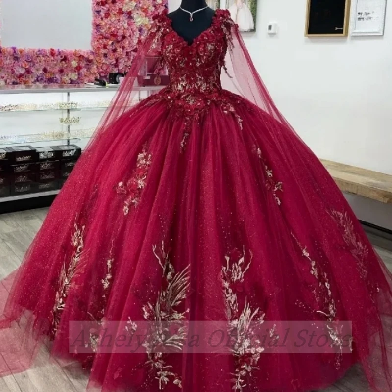 AQ182-vestidos De Quinceañera De princesa personalizados, con capa De manga, cuello en V, Vestido De baile Floral 3D, dulce 14 16 De 15 años, 2025