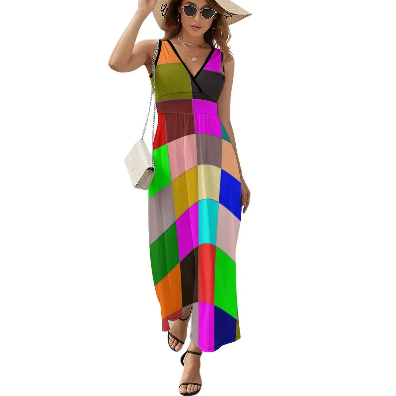 

Rainbow Color Block Dress Checkerboard Elegant Maxi Dress Fashion Boho Beach Long Dresses Sleeveless Graphic Oversize Clothing