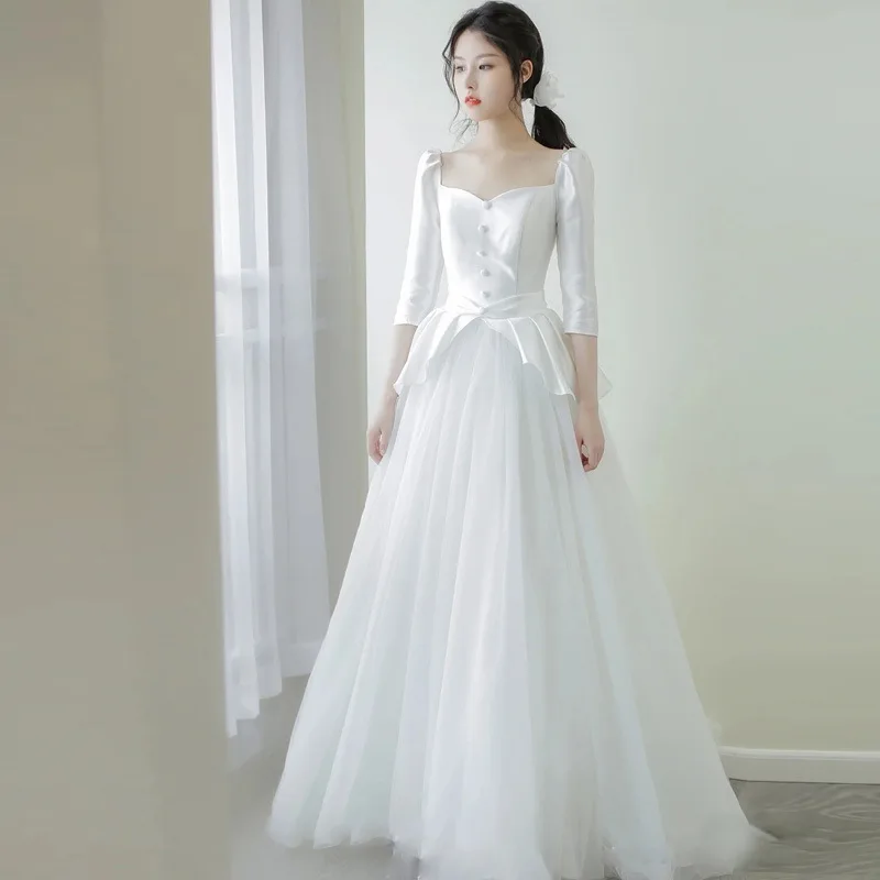 2024 autumn new petite simple travel elegant long-sleeved dress wedding dress for women