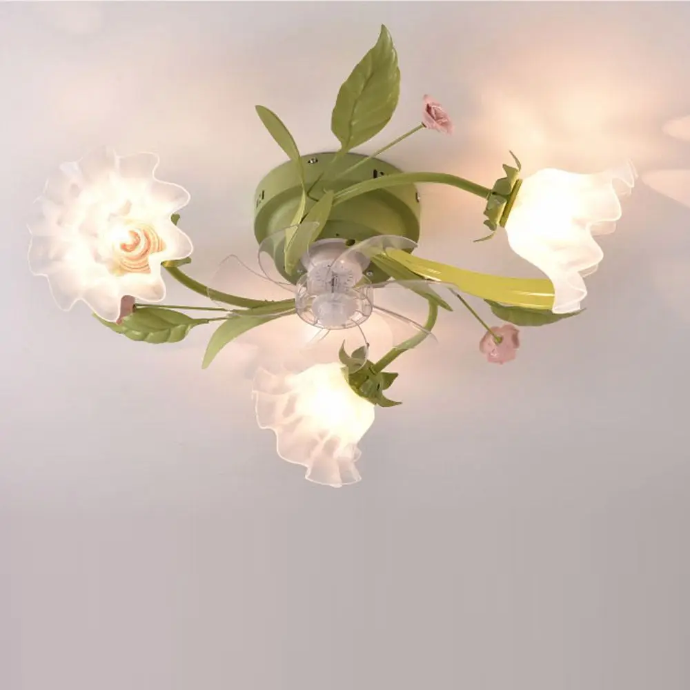 Bedroom Fan Ceiling Lights Green Metal Leaf Clear Glass Ceramic Flower Study Room Ceiling Light Kitchen Washroom Ceiling Lamp