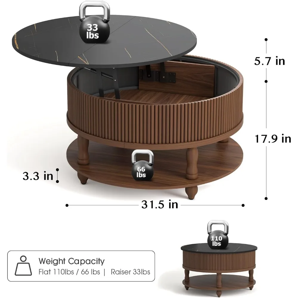 Mesa de centro circular de 31,5 pulgadas con tablero ajustable, mesa de centro moderna con espacio de almacenamiento, mesa de centro de madera para sala de estar