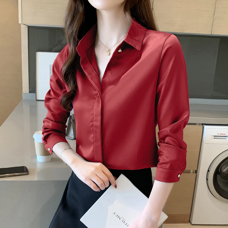 2023 Autumn Women\'s Shirts Satin Blouse for Women Long Sleeve Shirt Silk White Shirt OL Woman Solid Blouses Pullover Ladies Tops