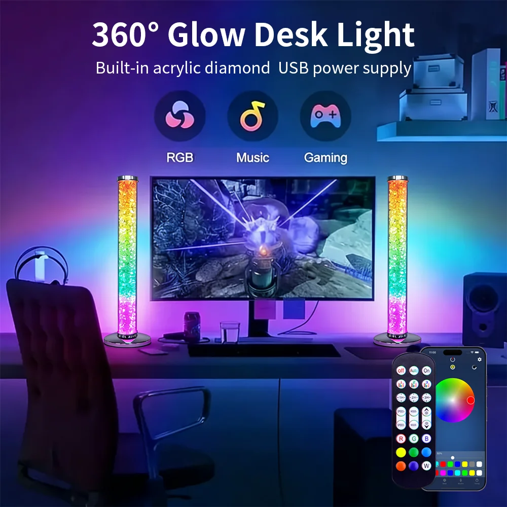 

RGB Acrylic Diamond Desktop Ambient Light 360° Glowing Music Sync Pickup Lamp APP Remote Control USB Powered Gaming Decor Light