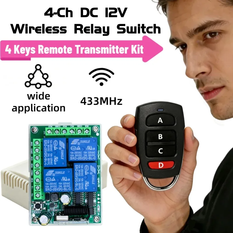 433Mhz Universal Wireless 4-key Remote Control Light Switch DC12V 24V 4CH RF Relay Receiver for Light/Garage Door/LED DIY