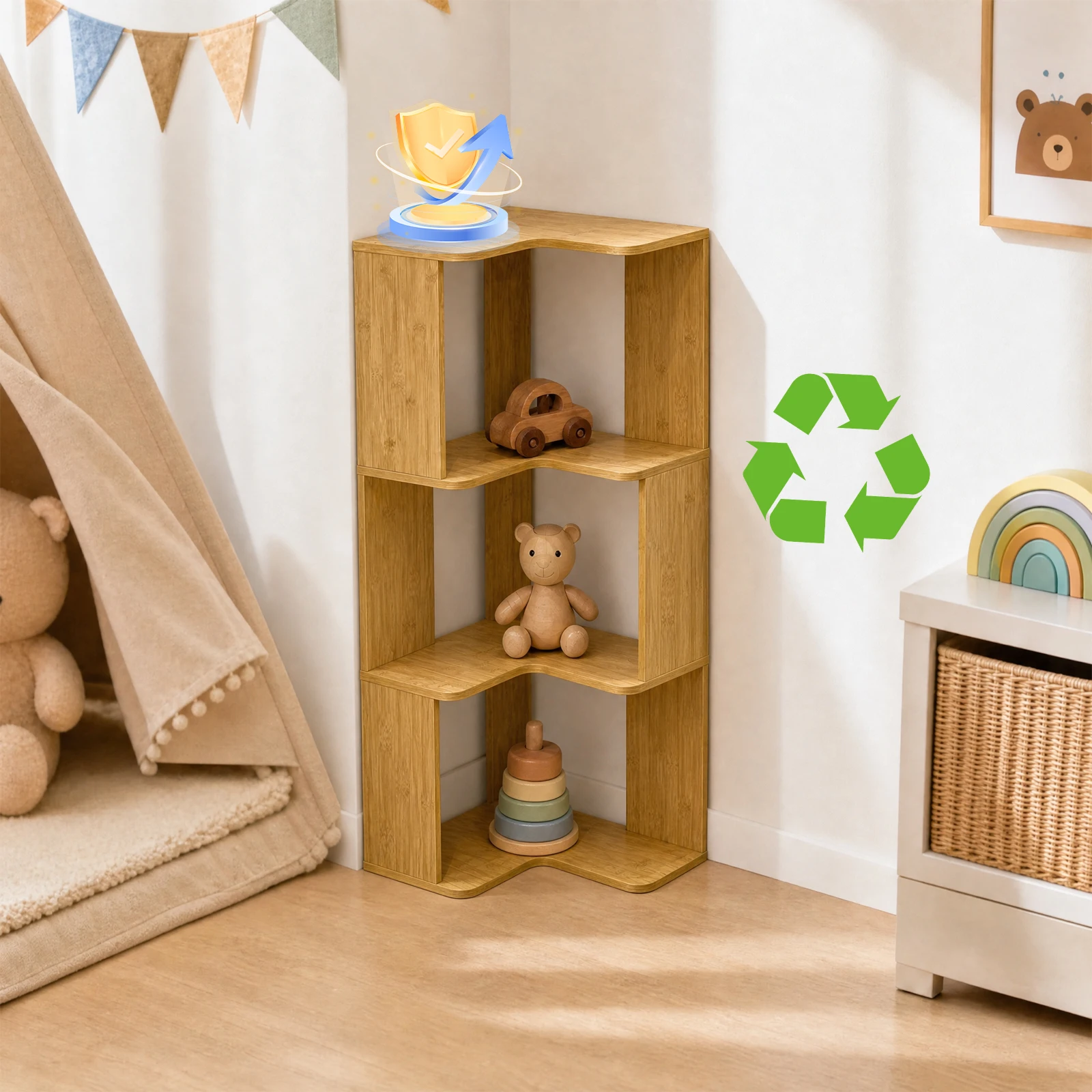 Wooden Corner Bookshelf, Unique Storage Shelf, Tiered Bookshelf, 2-5 Layers Optional, Suitable for Living Room, Bedroom, or Office