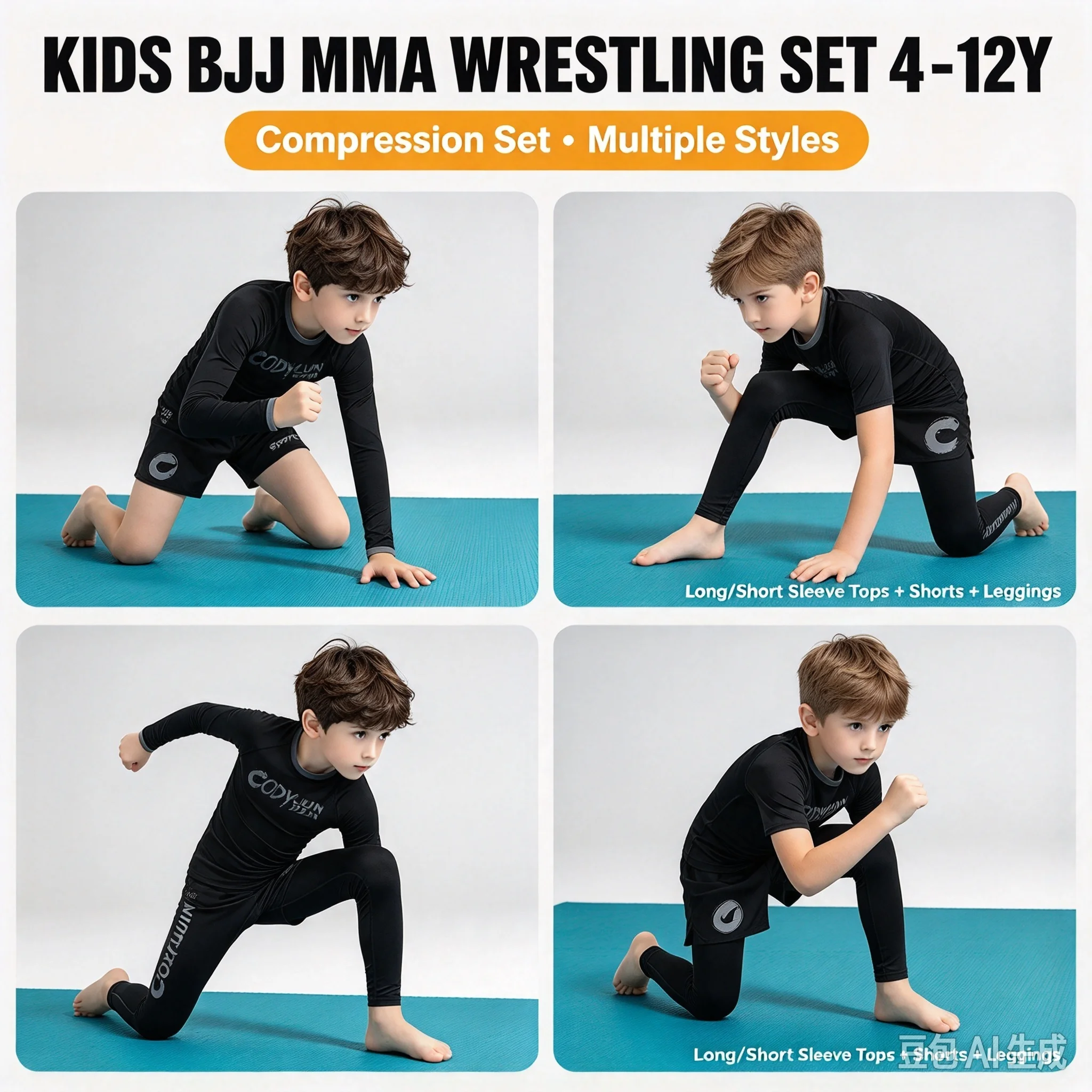 Black Kids 4-12Y 4Pcs Compression Training Outfit, Long&Short Sleeve Top Leggings Shorts, Wrestling MMA Sportswear for Boys