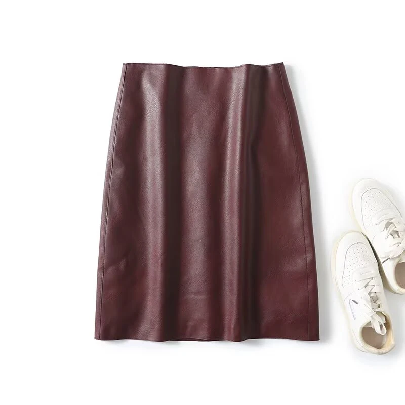 YENKYE Women Wine Red Faux Leather Skirt Vintage High Waist Back Zipper Knee Length Pencil Skirts