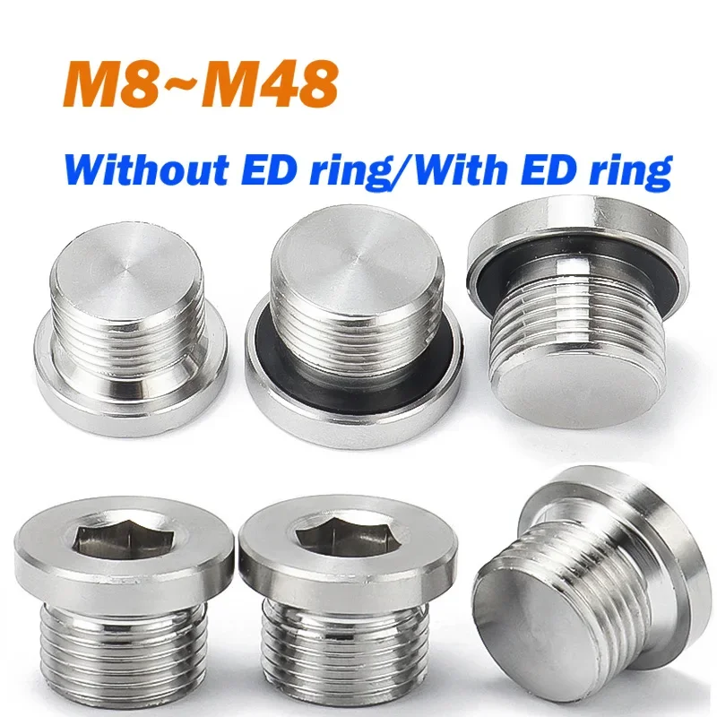 1Pcs Stainless Steel M8~M48 Hex Socket Plug ED Sealing Ring Flange Inner Hexagon Bolt Oil Water Pipe Fitting Metric Male Thread