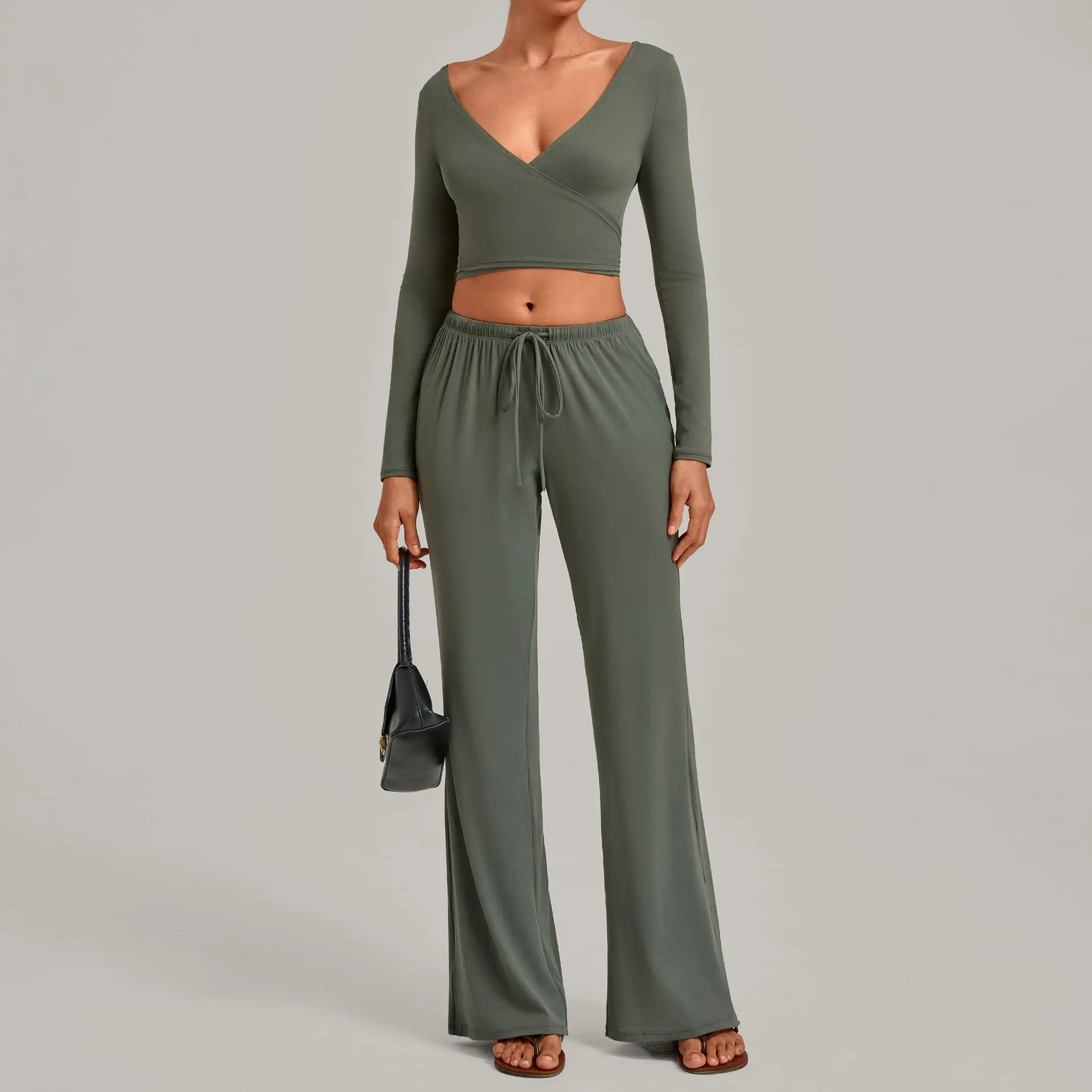 Yoga Cover-up Top Tie Straps Long Sleeves+Drawstring Elastic Waist Pants Women's Yoga Set Outdoor Leisure Walking Sports Suits