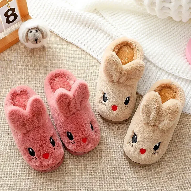 Children\'s Cotton Slippers Princess Warm Kids Winter Cute Rabbit Cartoon Indoor Furry Shoes Little Girl Soft Bottom Home Shoes