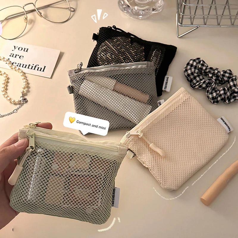 New Travel Makeup Storage Bags Mesh Coin Purse Simple Portable Mini Bag Multi-purpose Square Bag Double-layer Zipper Card Holder