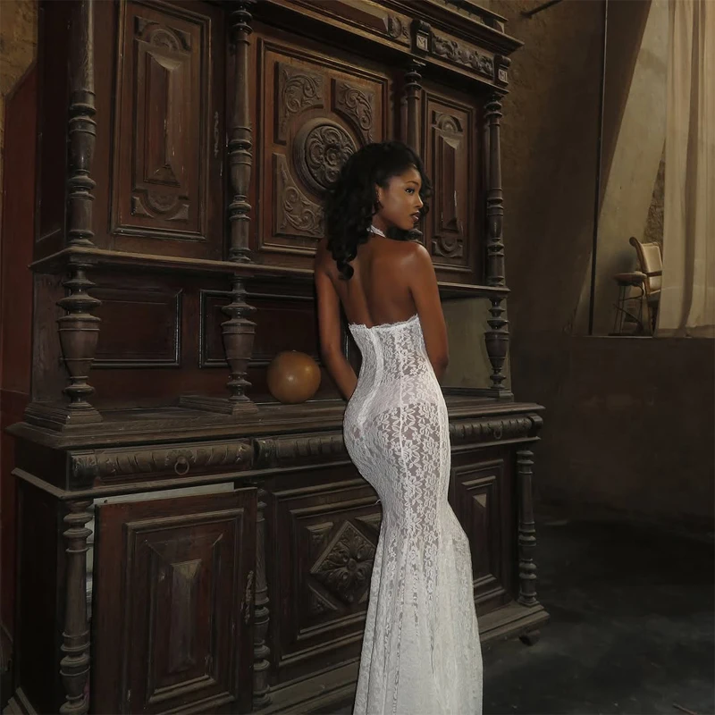 Chic White Lace Hollow-out Halter Dress Women's Sleeveless Off-shoulder Backless Maxi Dresses 2026 Lady New Vacation Beach Gowns