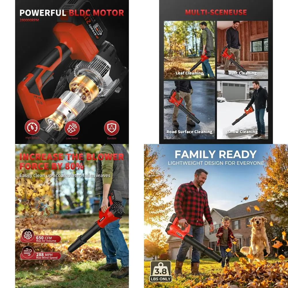 

Аккумуляторная воздуходувка для листьев 3500 Вт с регулируемой скоростью 350 м/с, 2 батареями и удлиненным соплом (красная)