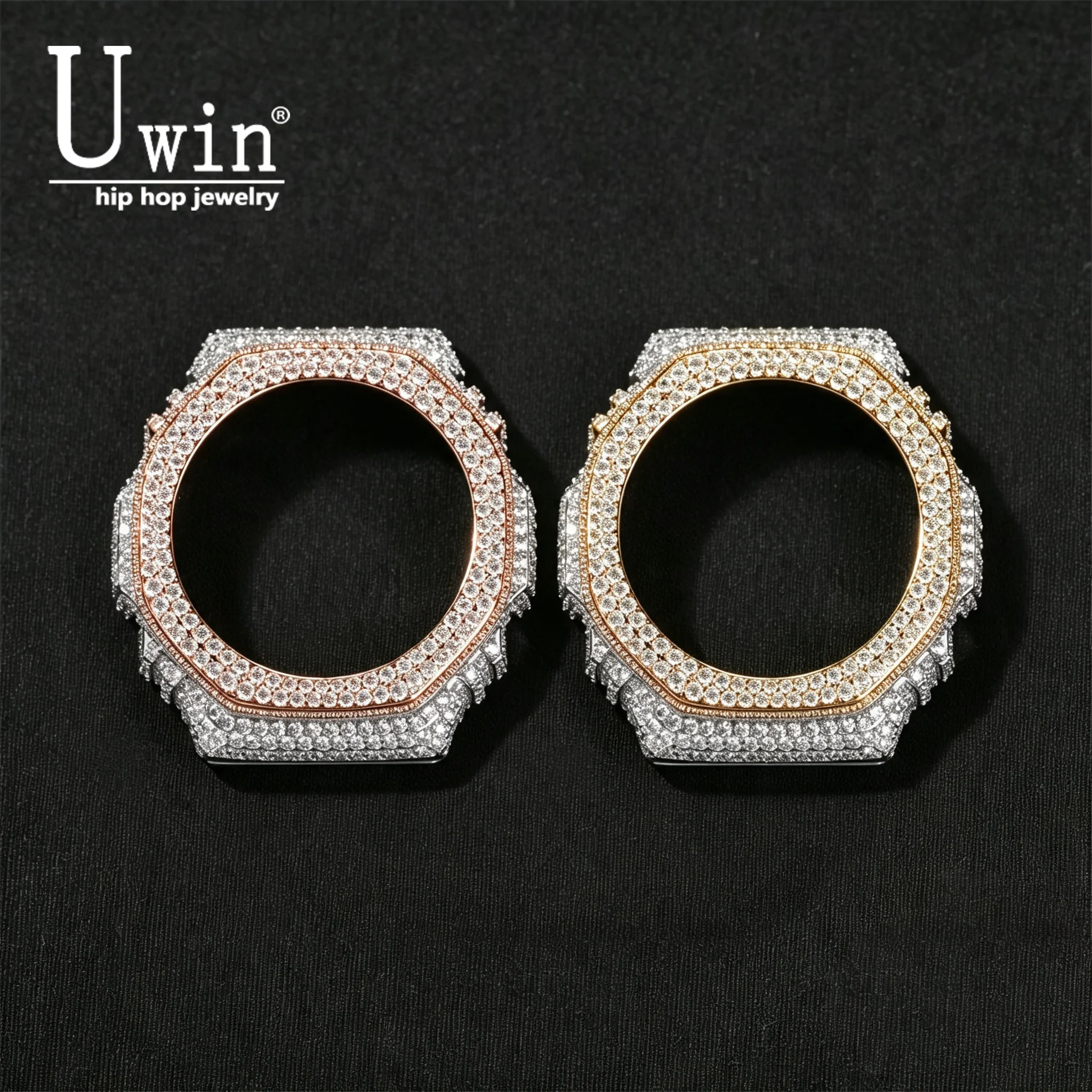 Uwin GA2100 Two‑Tone Moissanite Watch Mod Case Full Cubic Zircon Replacement Housing Bezel Shell For Men HipHop Watch Accessory