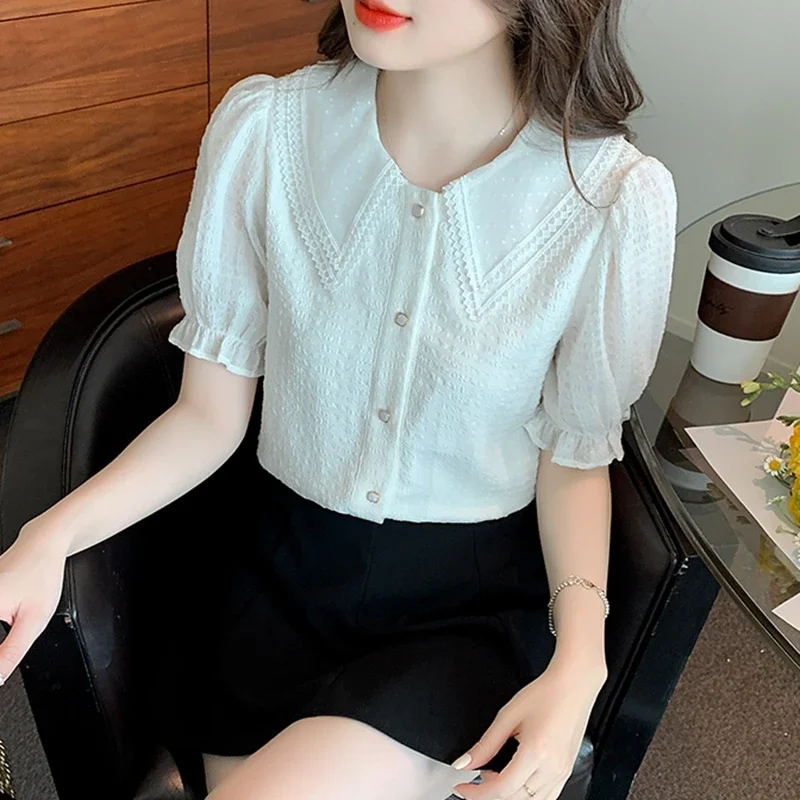 Lace Patchwork Chiffon Shirts Womens 2024 Summer Korean Fashion Clothes Casual Blouses Vintage Puff Sleeve Tops Blusas Mujer