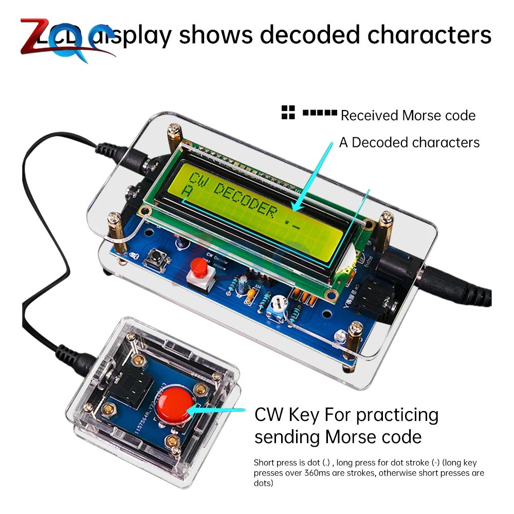 Dekoder DC 9V CW czytnik kodów Morse\'a płyta tłumacząca radio szynkowe niezbędny moduł akcesoria wyświetlacz LCD zestawy do ćwiczeń spawalniczych