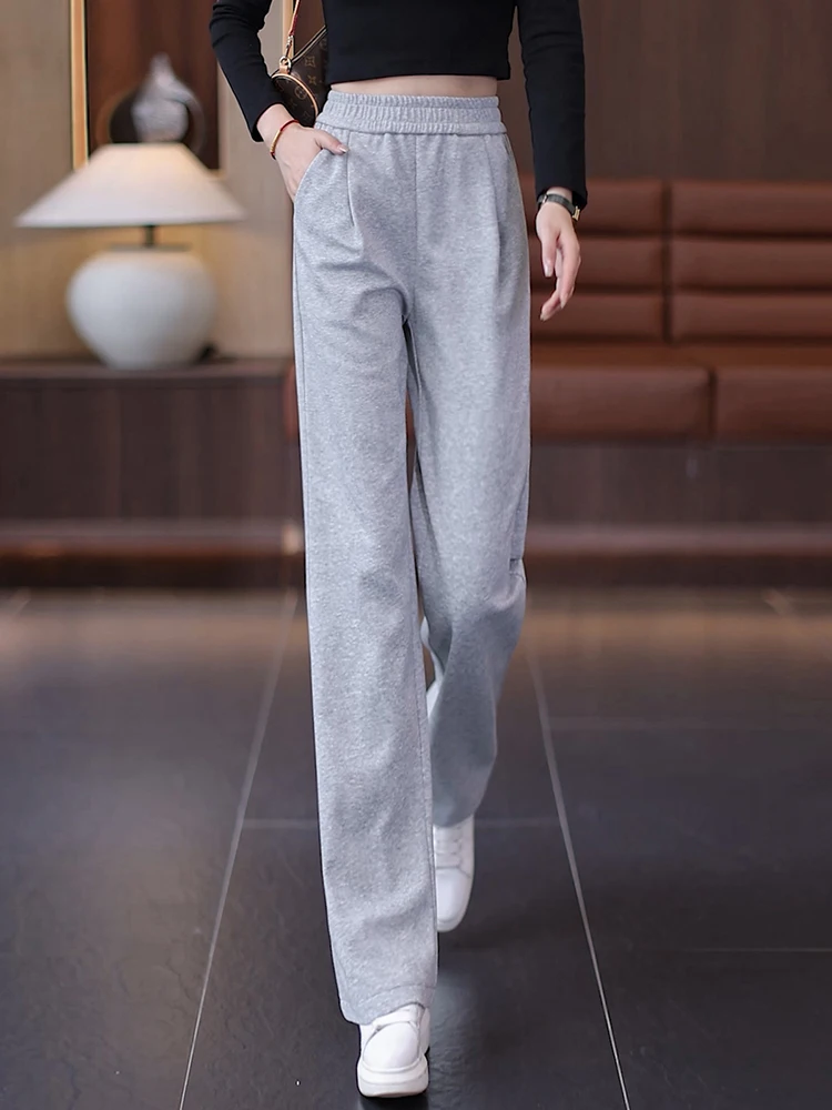 

Grey High Waist Elastic Wide Leg Sports Pants Women's Spring Autumn Casual Straight Cut Slimming Trousers Street Style Polyes...