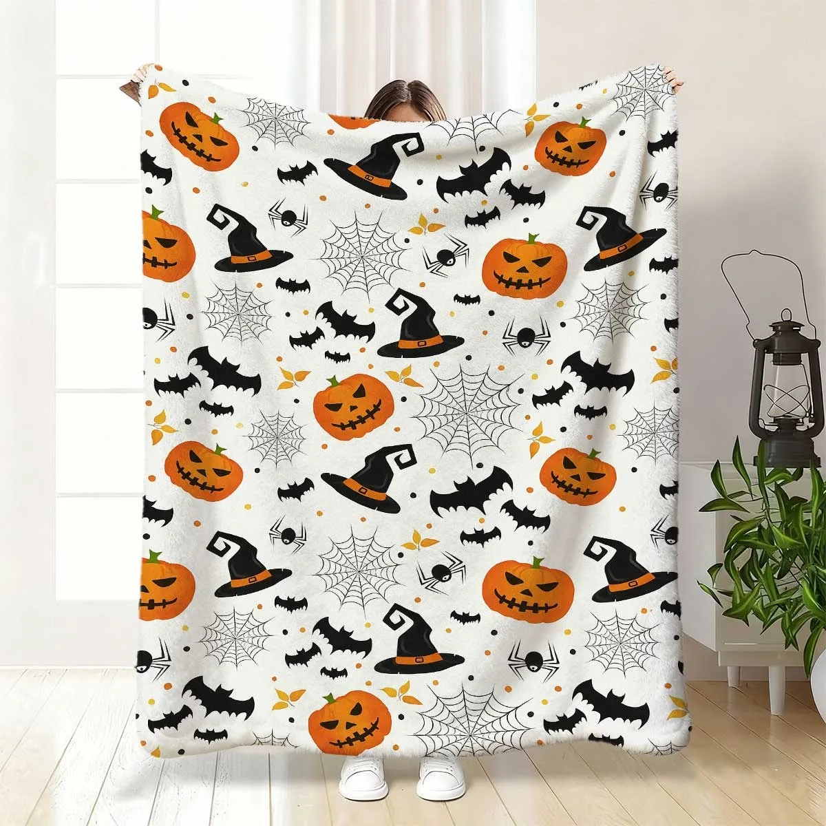 1pc Cute Blanket Pumpkin Spiderweb Witch Hat Black Bat Leaf Blanket, Soft, Warm, Comfortable and Lightweight Blanket, Suitable for Sofa, Bed, Living Room, Dormitory, Travel Fl