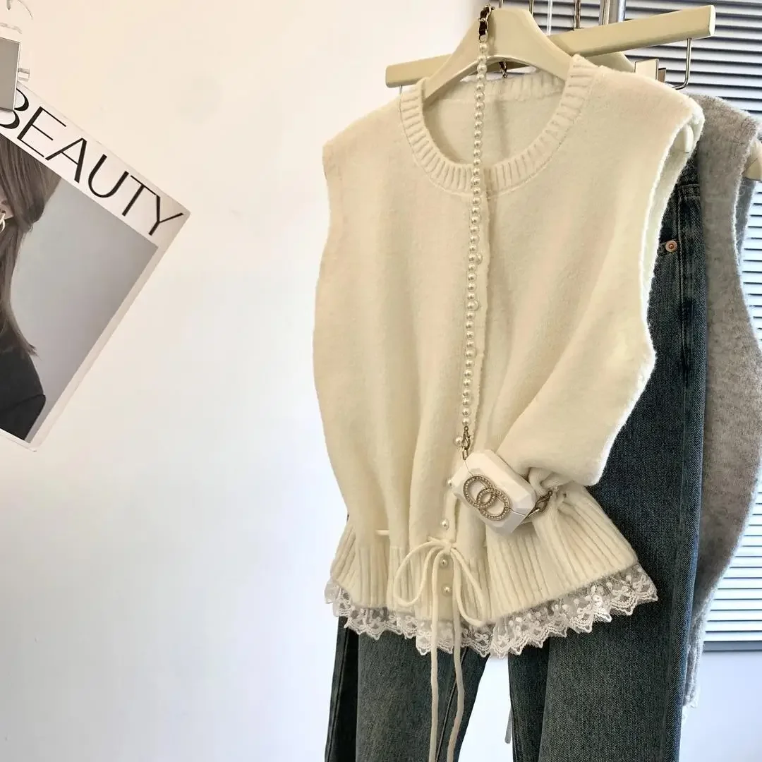 Koreanische Rundhals Einreiher Spitze Patchwork Bund Pullover Weste Frauen Neue Lose Stricken Top Westen Top