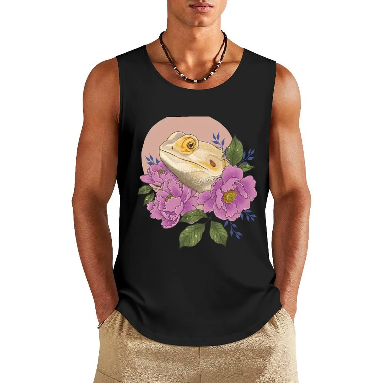 Bearded Dragon with Peonies Tank Top fitness gym t-shirts bodybuilding for men gym wear men