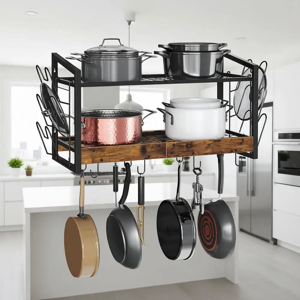 

Hanging Pot Rack, Wall Mounted, 2-Tier Kitchen Pot and Lid Organizer, Wall-Mounted Pot Rack with 12 Hooks, Kitchen Storage for P