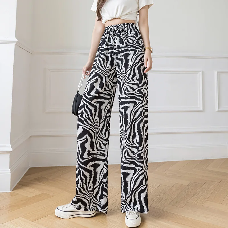 Ink Painting Tie-dye Pants for Women Summer Thin Printed Straight Floor Mopping Casual Pants Ice Silk Wide Leg
