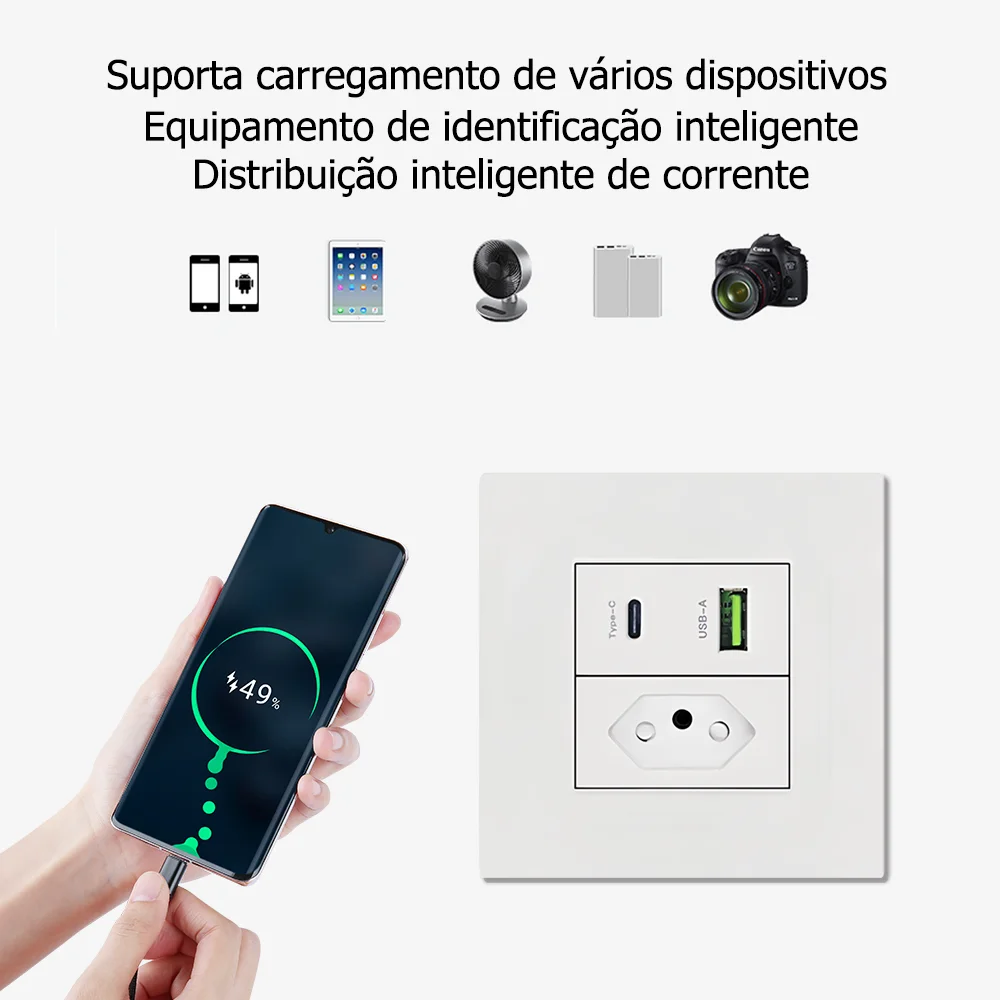 EIOMR Brazil USB Type-C Electrical Socket Switch, 86mm*86mm PC Panel, Wall Computer Combination Socket Switch 20A Power Outlet