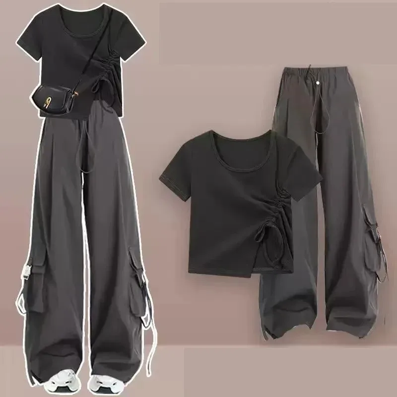 Girl Summer New Sportswear Matching Set Korean Elegant Short Sleeved Top+loose Cargo Pants Two-piece Women Casual Tracksuit Suit