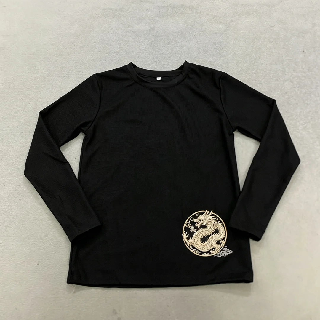 Black Chinese Dragon Print Long Sleeve T‑Shirt Waffle Knit New Chinese Y2K Slim Base Top