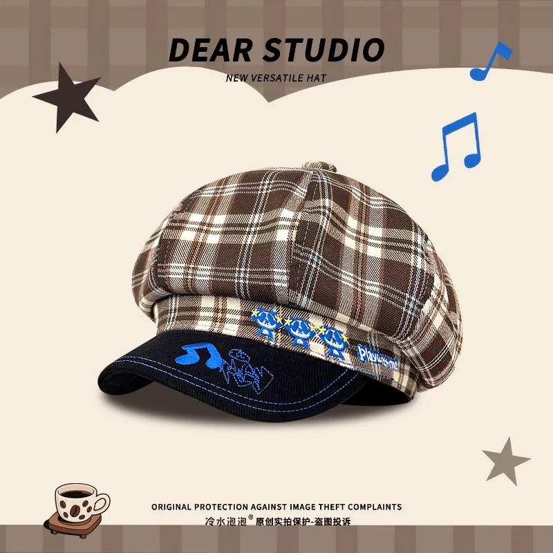 

Cute Music Note Embroidery Retro Contrasting Color Plaid Octagonal Hats Women Spring Autumn Travel Versatile Literary Berets