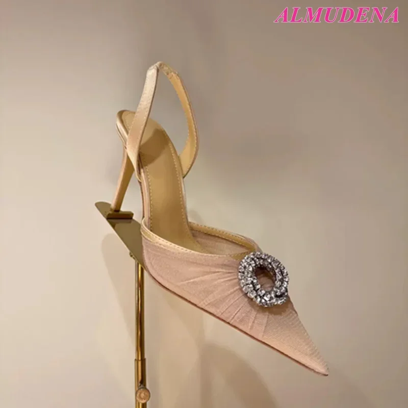

2025 New in Colorful Lace Mesh Crystal Buckled Sandals Women's Pointed Toe Elegant High Heels Slingback Luxury Party Shoes