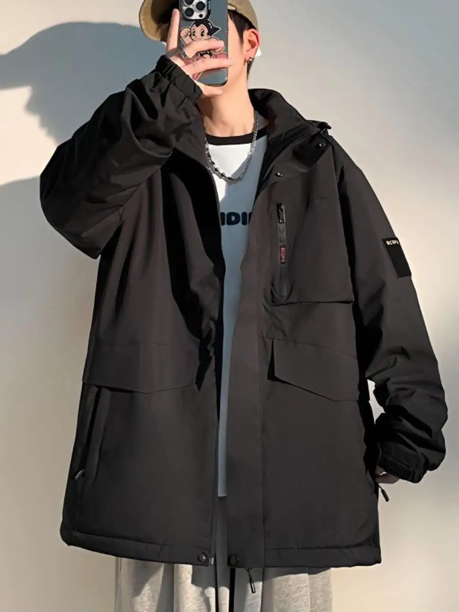 

Мужская утепленная куртка с капюшоном на флисовой подкладке, осенне-зимняя, новая, модная, рабочая одежда, пальто больших размеров, с длинными рукавами, на двойной пуговице