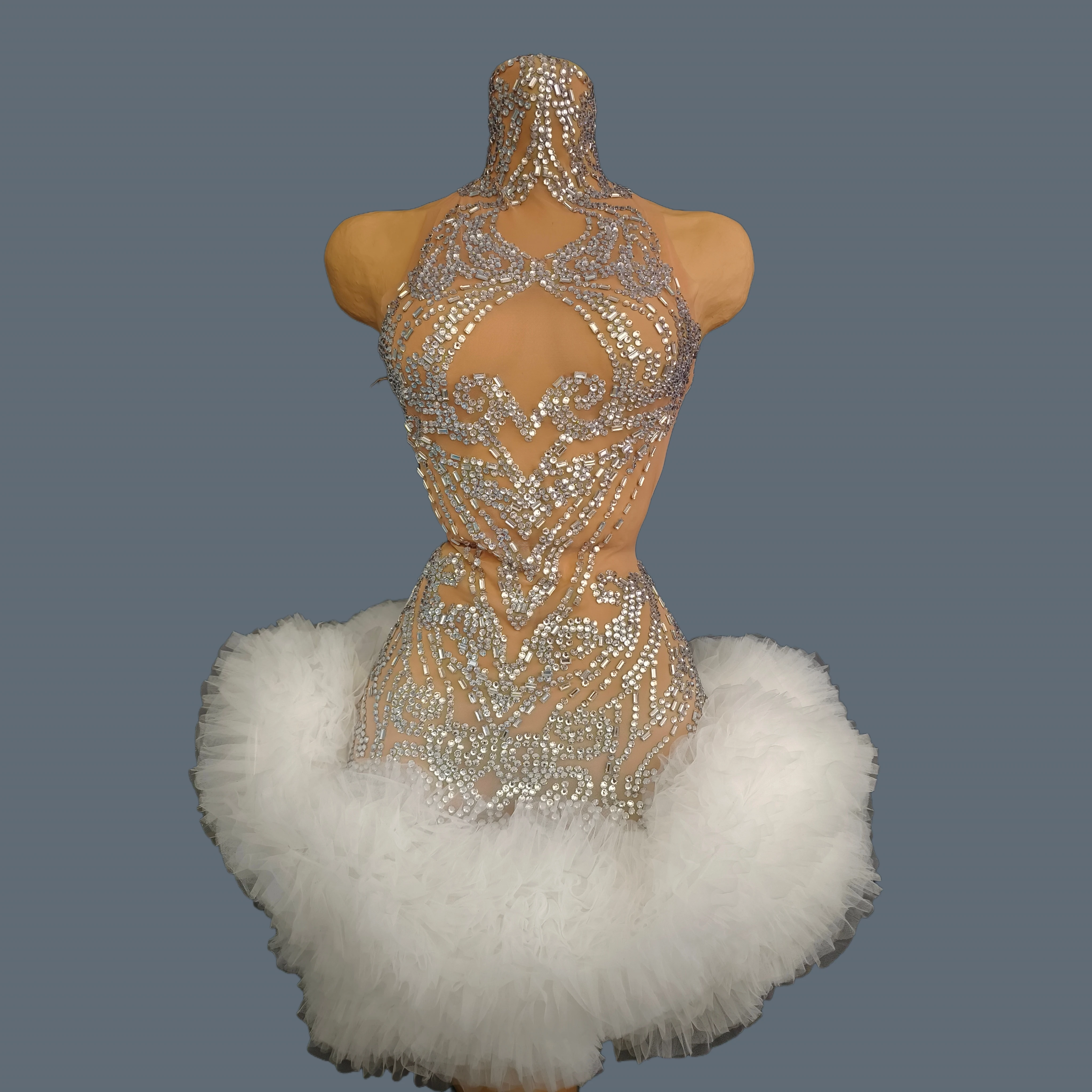 

Luxury High-end Cocktail Dress Birthday Celebrate Party Sexy Women See Through Mesh Mini Dress Brilliant Crystals Dress Xingyun