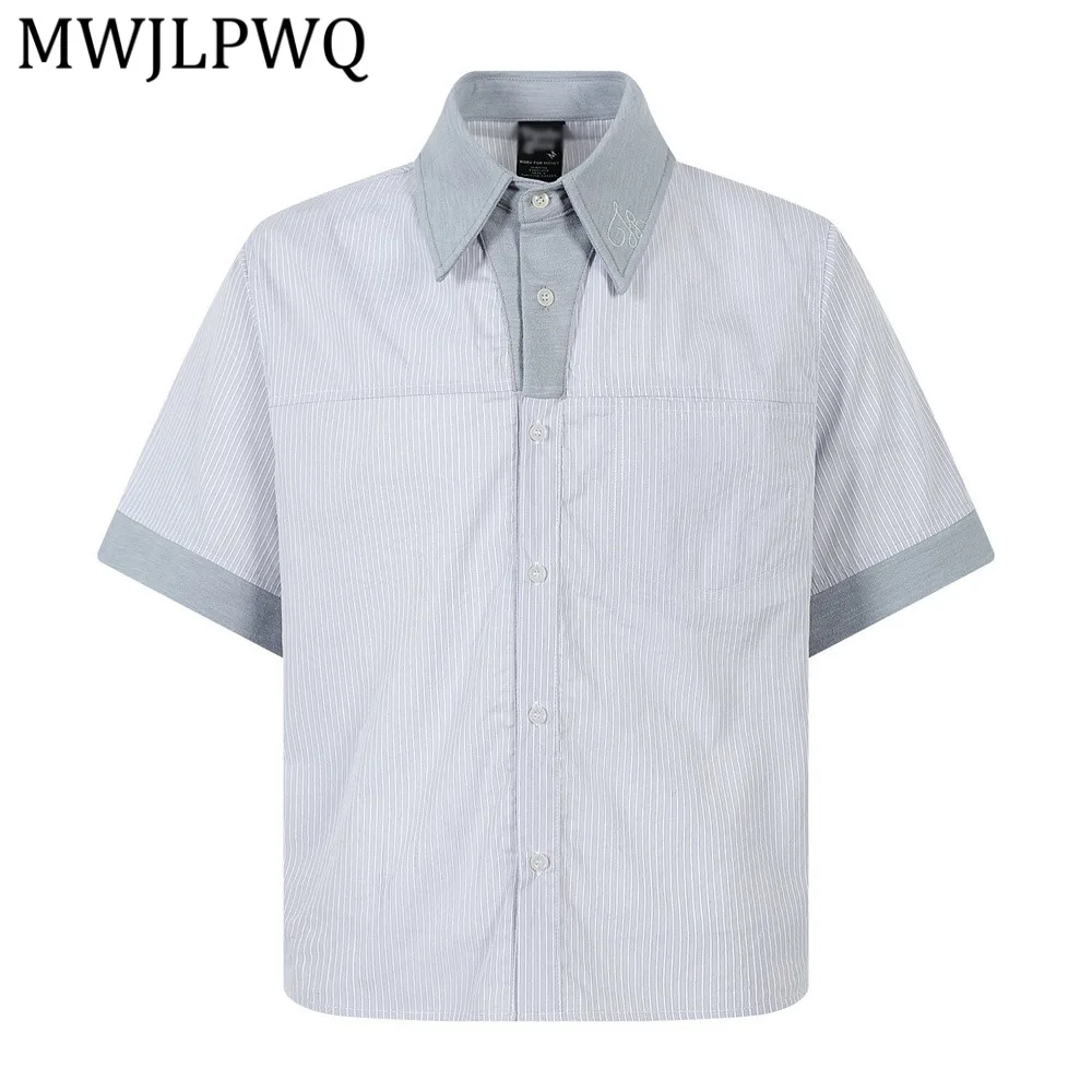 

MWJLPWQ Vertical Striped Short-Sleeve For Men Loose Fit Summer Trendy American Casual Style Color-Blocked Lapel Shirt 14387
